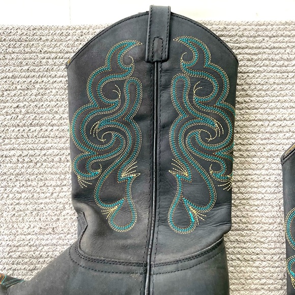 Vintage Smokey Mountain Teal Brown Embroidered Black Leather Cowboy Boots - Picture 6 of 15